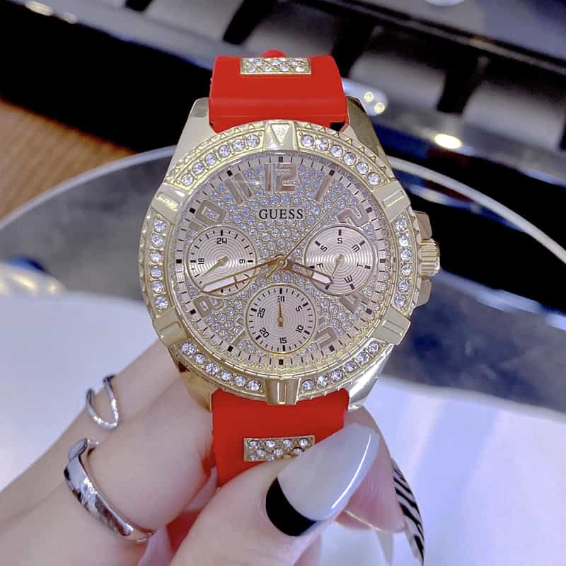 Guess Frontier Diamonds Gold Dial Red Rubber Strap Watch for Women - GW0045L2