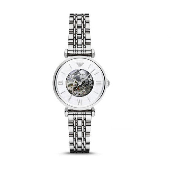 Emporio Armani Meccanico Mother of Pearl Dial Silver Steel Strap Watch For Women - AR1991