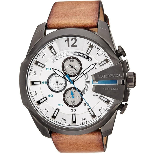 Diesel Mega Chief White Dial Brown Leather Strap Watch For Men - DZ4280