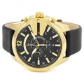 Diesel Mega Chief Gold & Black Dial Black Leather Strap Watch For Men - DZ4344