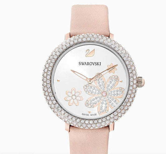 Swarovski Crystal Quartz Pink Dial Pink Leather Strap Watch for Women - 5575217