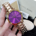 Michael Kors Slim Runway Purple Dial Rose Gold Steel Strap Watch for Women - MK3293