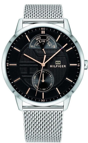 Tommy Hilfiger Hunter Quartz Black Dial Silver Steel Strap Watch for Men - 1791610