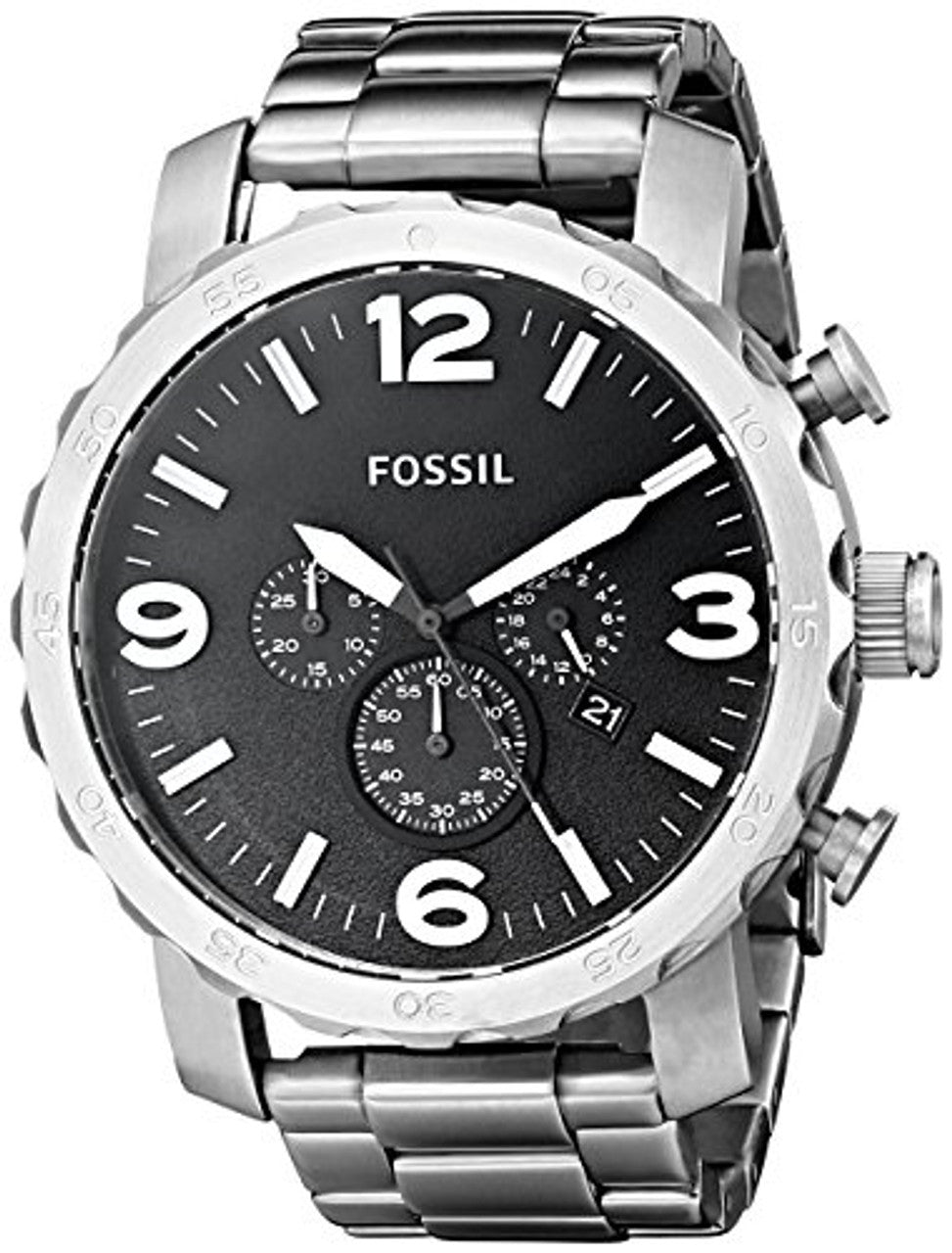 Fossil Nate Chronograph Black Dial Silver Steel Strap Watch for Men - JR1353