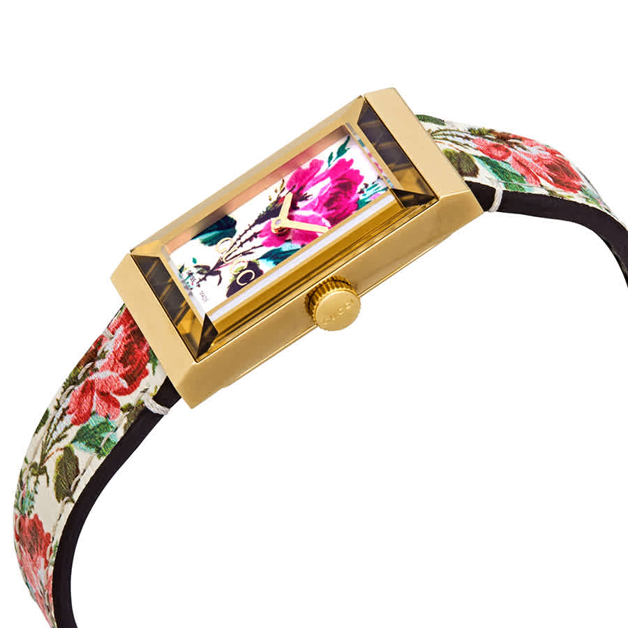 Gucci G-Frame Floral Ivory Dial White Leather Strap Watch For Women - YA147406