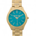 Michael Kors Slim Runway Blue Mother of Pearl Dial Gold Steel Strap Watch for Women - MK3492