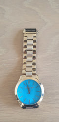 Michael Kors Slim Runway Blue Mother of Pearl Dial Gold Steel Strap Watch for Women - MK3492