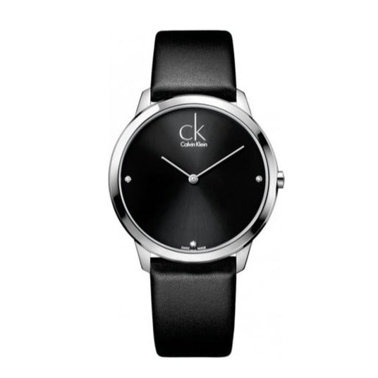 Calvin Klein Minimal Diamonds Black Dial Black Leather Strap Watch for Men - K3M211CS