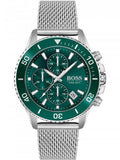 Hugo Boss Admiral Chronograph Green Dial Silver Mesh Bracelet Watch for Men - 1513905