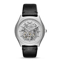 Emporio Armani Meccanico Skeleton Silver Dial Black Leather Strap Watch For Men - AR60003