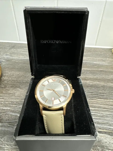 Emporio Armani Classic Quartz Silver Dial Beige Leather Strap Watch For Men - AR2464