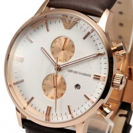 Emporio Armani Gianni Classic Chronograph White Dial Brown Leather Strap Watch For Men - AR0398