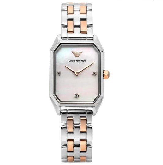 Emporio Armani Gianni T Bar Mother of Pearl Dial Two Tone Stainless Steel Strap Watch For Women - AR11146