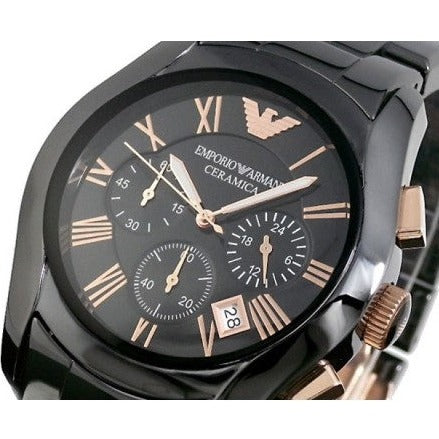 Emporio Armani Valente Ceramica Chronograph Black Dial Black Steel Strap Watch For Men - AR1410