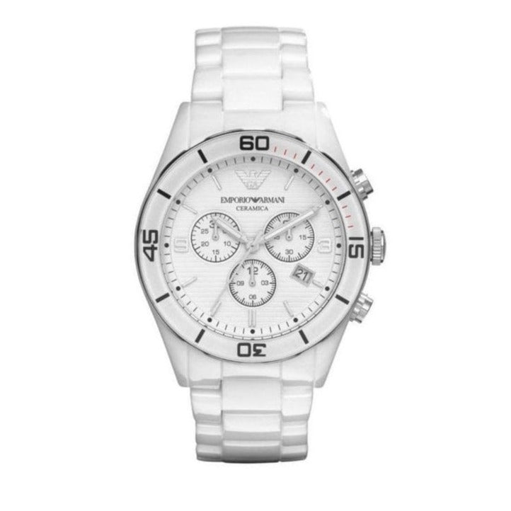 Emporio Armani Ceramic Chronograph White Dial White Ceramic Strap Watch For Men - AR1424