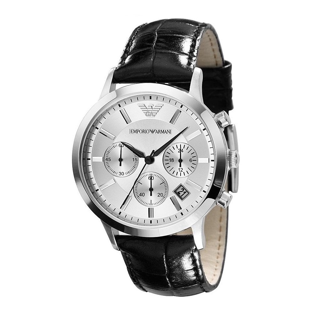 Emporio Armani Classic Chronograph Silver Dial Black Leather Strap Watch For Men - AR2432