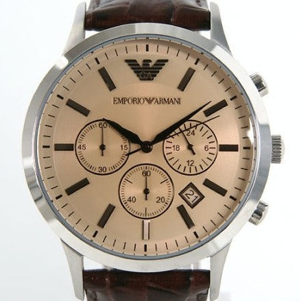 Emporio Armani Classic Chronograph Beige Dial Brown Leather Strap Watch For Men - AR2433