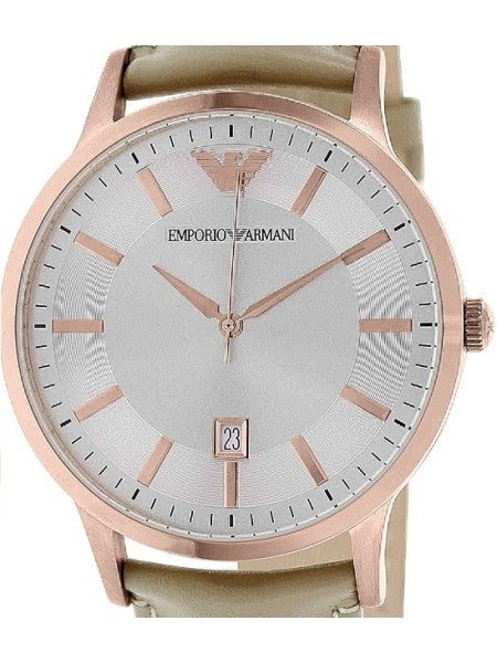 Emporio Armani Classic Quartz Silver Dial Beige Leather Strap Watch For Men - AR2464