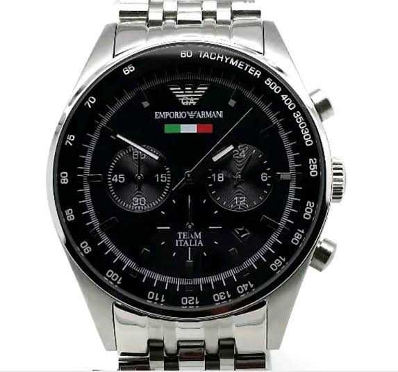 Emporio Armani Tazio Chronograph Team Italia Black Dial Silver Steel Strap Watch For Men - AR5983