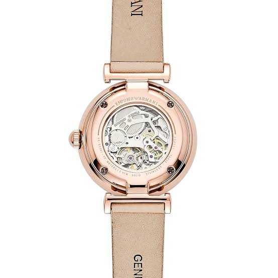 Emporio Armani Meccanico Skeleton Silver Dial Beige Leather Strap Watch For Women - AR60001