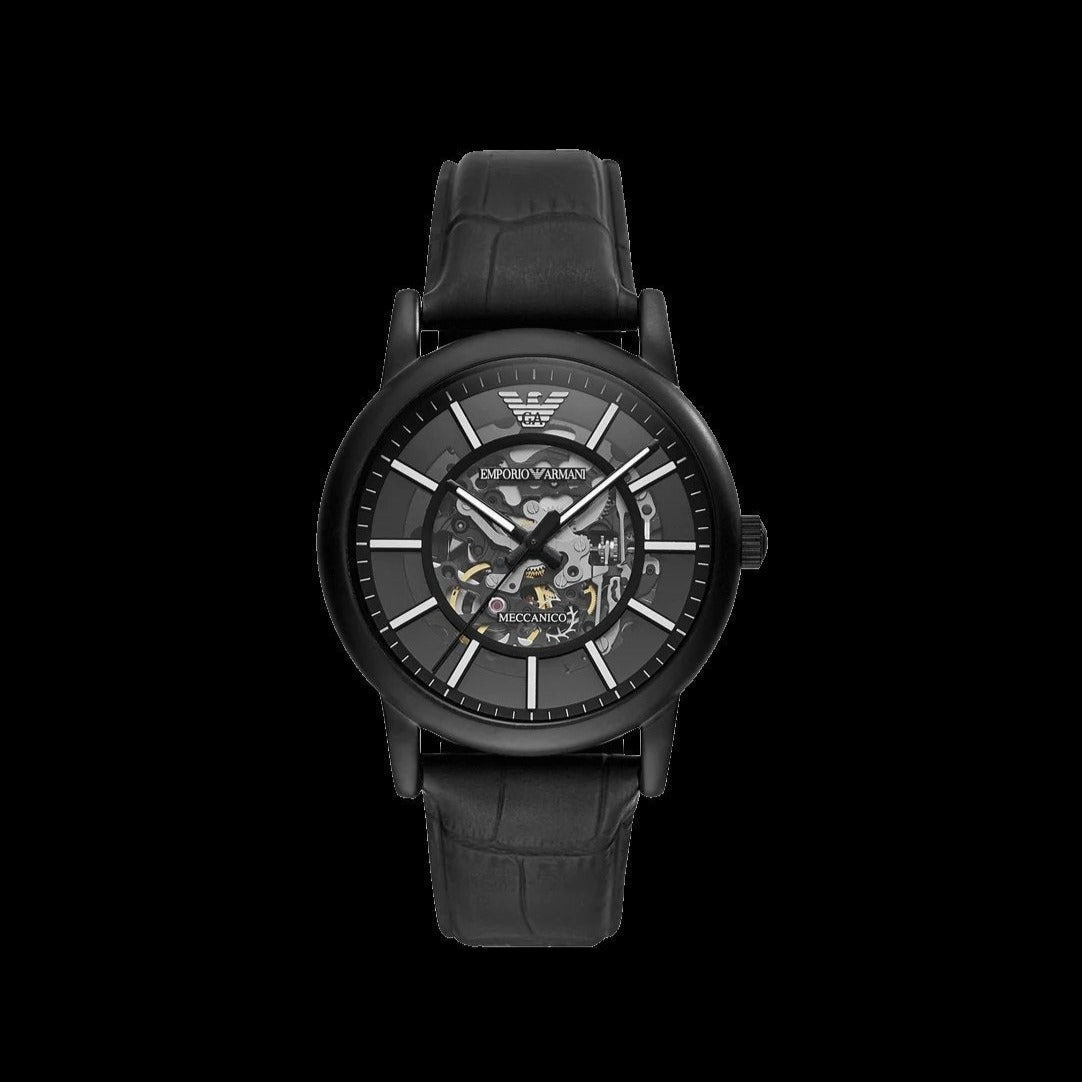 Emporio Armani Meccanico Automatic Skeleton Dial Black Leather Strap Watch For Men - AR60008