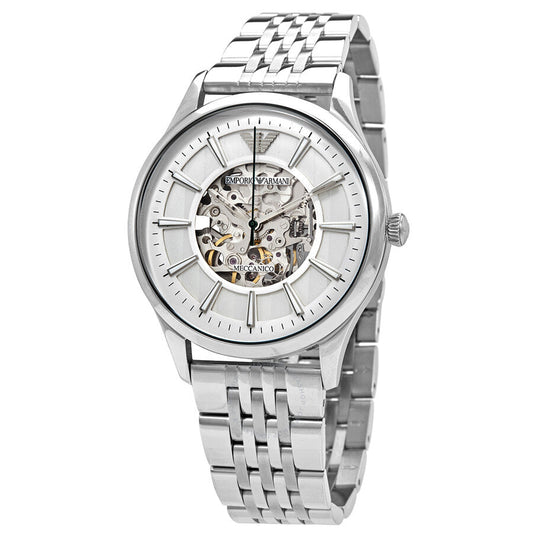 Emporio Armani Meccanico Silver Skeleton Dial Stainless Steel Watch For Men - AR1945