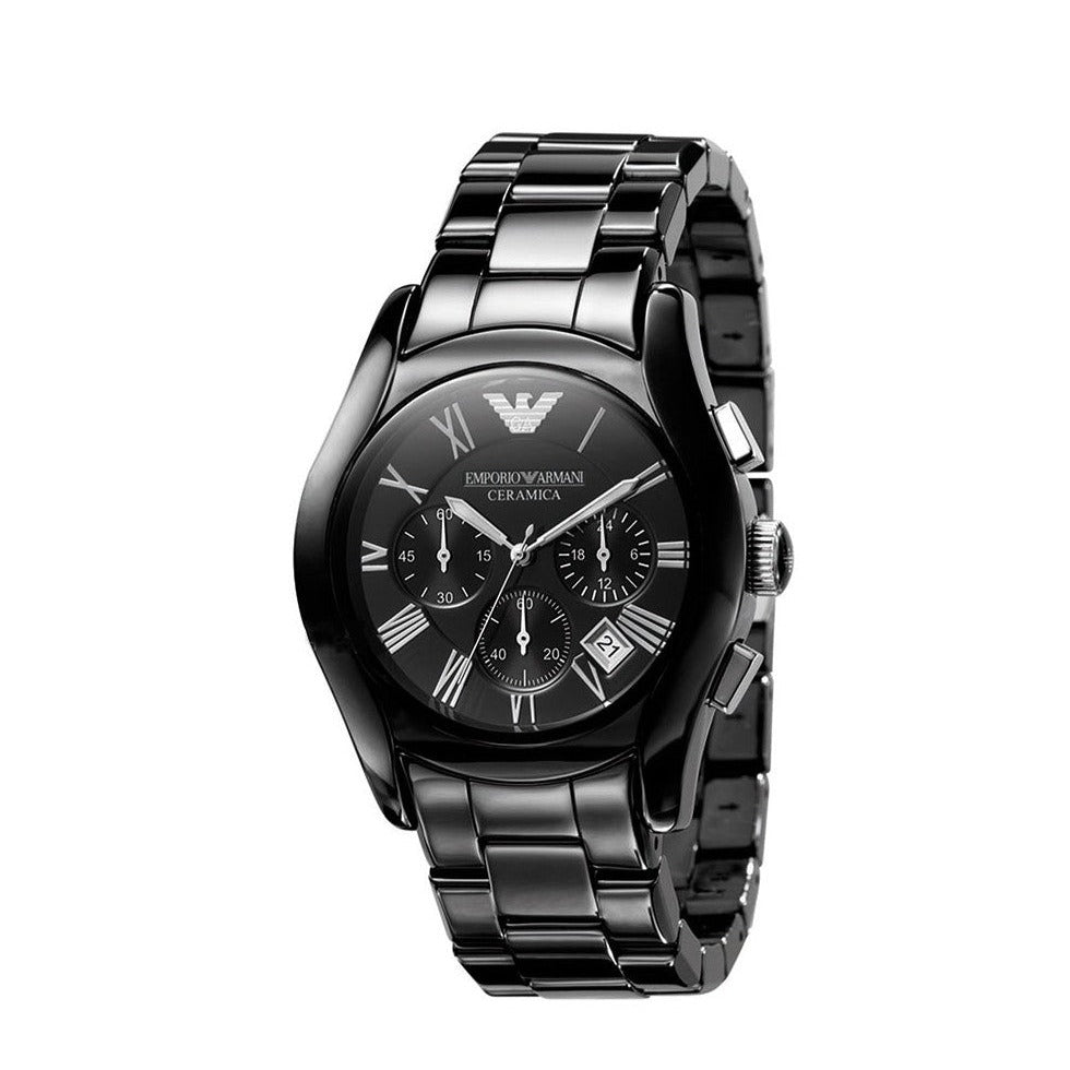 Emporio Armani Valente Chronograph Ceramic Black Dial Black Steel Strap Watch For Men - AR1400
