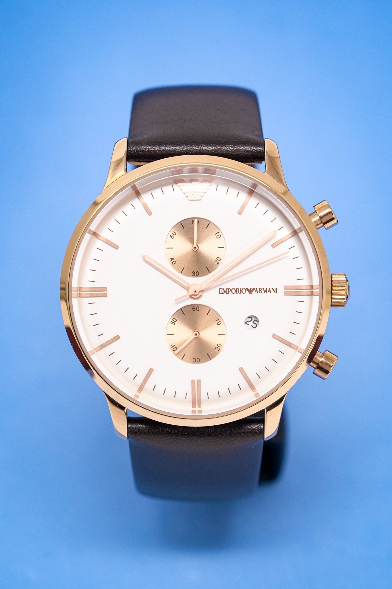 Emporio Armani Gianni Classic Chronograph White Dial Brown Leather Strap Watch For Men - AR0398