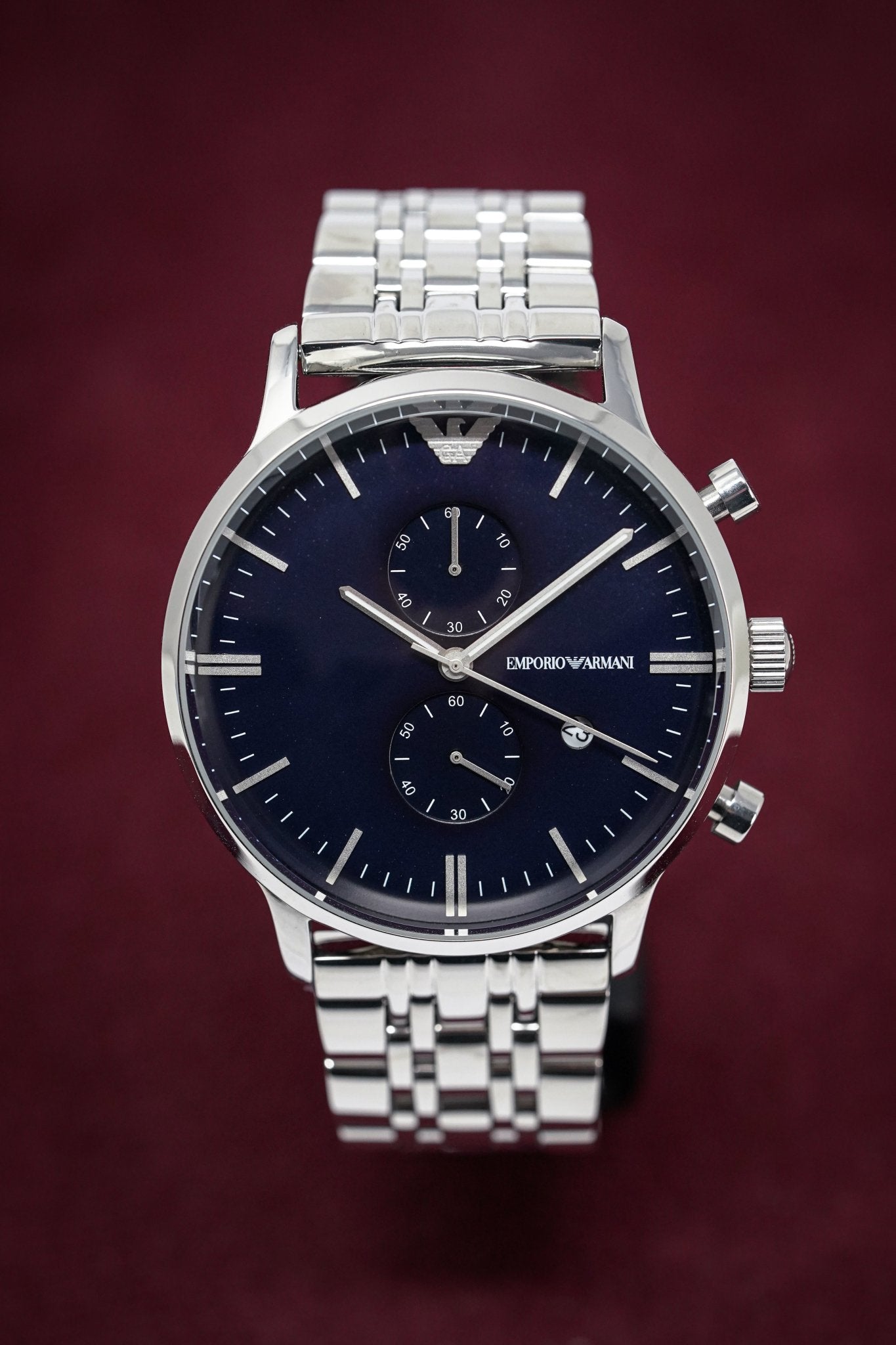 Emporio Armani Gianni Chronograph Blue Dial Silver Steel Strap Watch For Men - AR1648