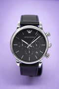 Emporio Armani Classic Chronograph Black Dial Black Leather Strap Watch For Men - AR1733