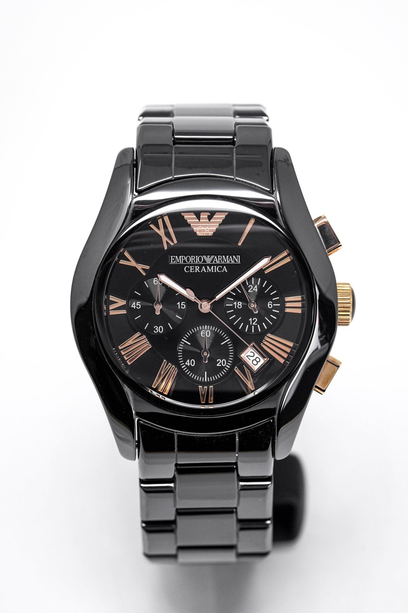 Emporio Armani Valente Ceramica Chronograph Black Dial Black Steel Strap Watch For Men - AR1410