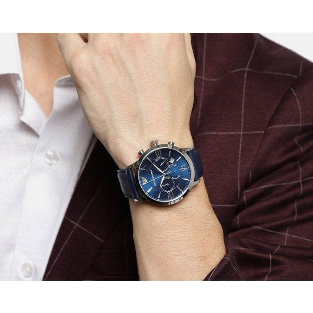 Emporio Armani Giovanni T Bar Chronograph Quartz Blue Dial Blue Leather Strap Watch For Men - AR11226