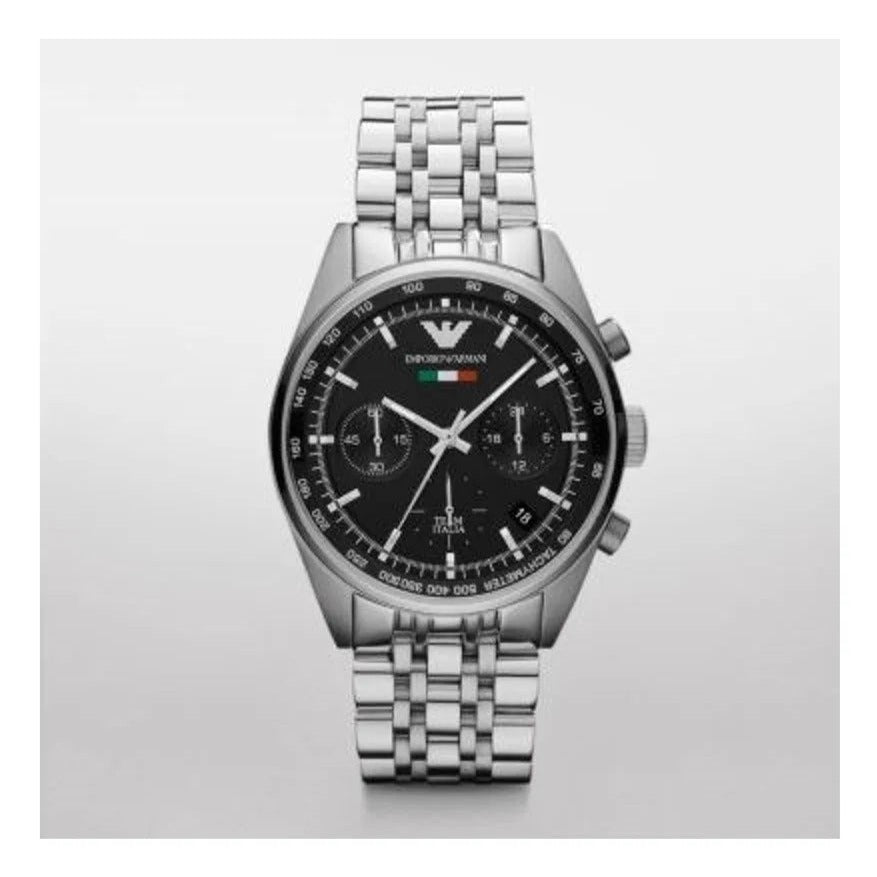 Emporio Armani Sportivo Chronograph Black Dial Silver Steel Strap Watch For Men - AR5984