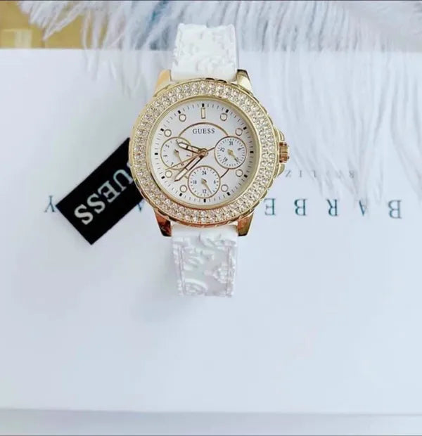 Guess Crown Jewel Multifunction Diamonds White Dial White Leather Strap Watch for Women - GW0411L1