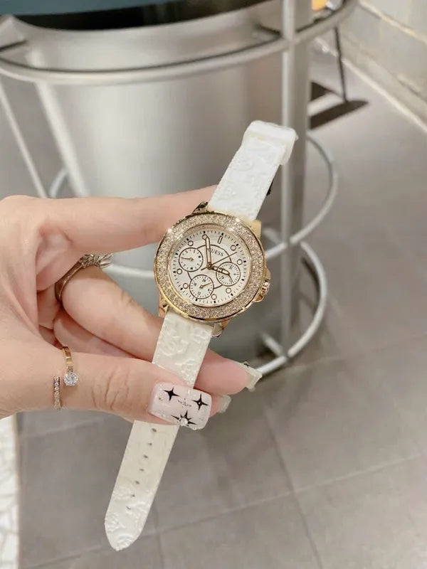 Guess Crown Jewel Multifunction Diamonds White Dial White Leather Strap Watch for Women - GW0411L1