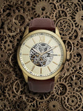 Fossil Flynn Mechanical Skeleton Beige Dial Brown Leather Strap Watch for Men - BQ2215