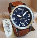 Fossil Nate Chronograph Blue Dial Brown Leather Strap Watch for Men - JR1504