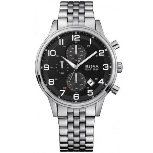 Hugo Boss Aeroliner Chronograph Quartz Black Dial Silver Steel Strap Watch For Men - HB1512446