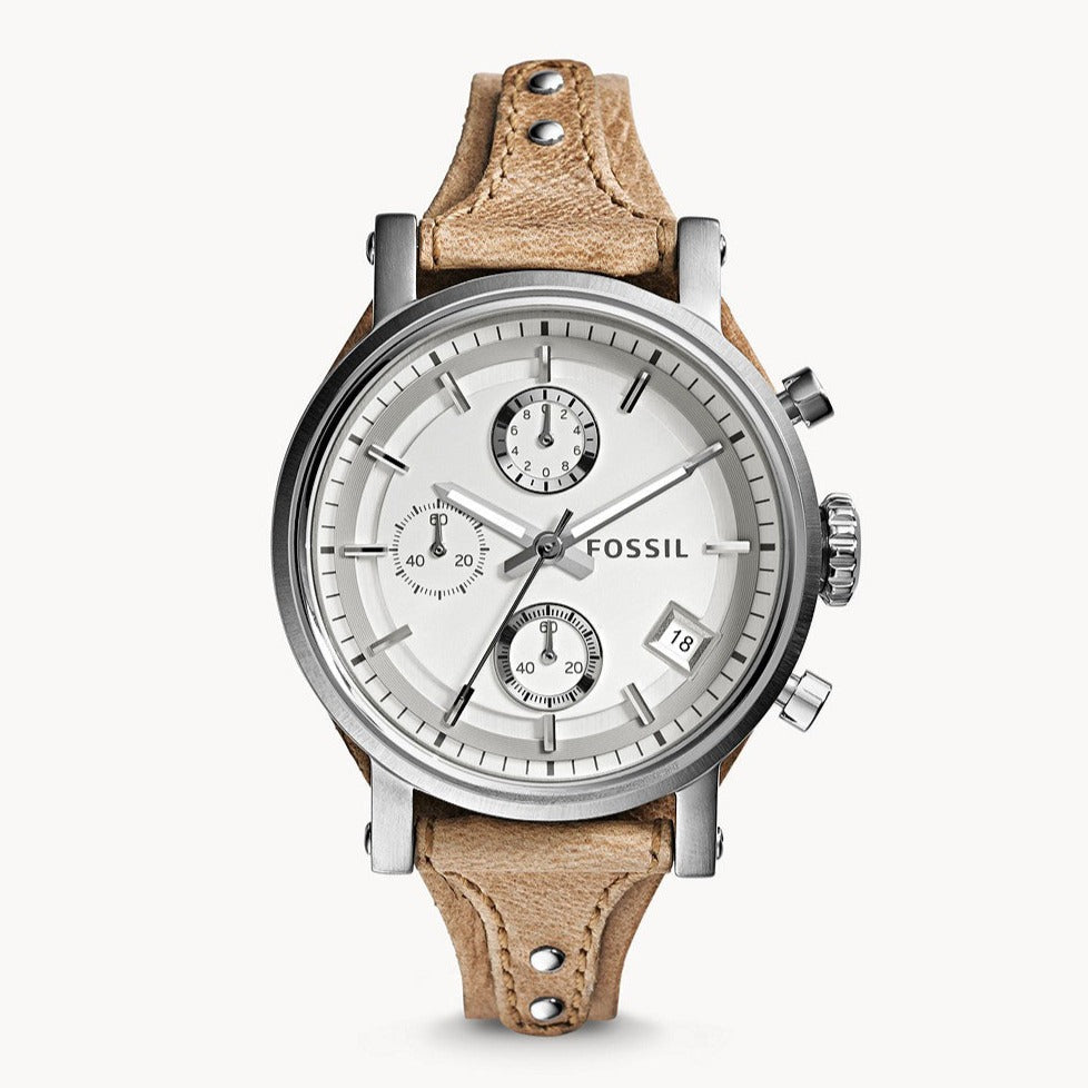 Fossil Boyfriend Chronograph White Dial Brown Leather Strap Watch for Women - ES3625