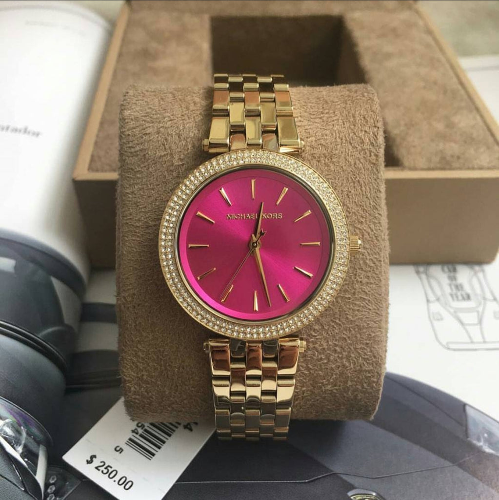 Michael Kors Darci Fuchsia Dial Gold Steel Strap Watch for Women - MK3444