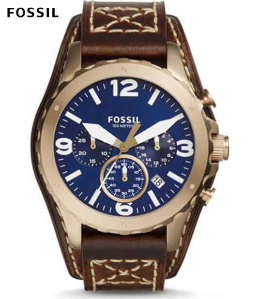 Fossil Nate Chronograph Blue Dial Brown Leather Strap Watch for Men - JR1505