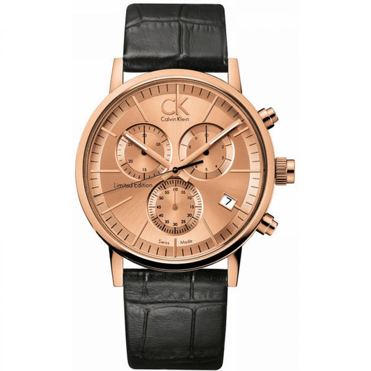 Calvin Klein Post Minimal Chronograph Rose Gold Dial Black Leather Strap Watch for Men - K7627201