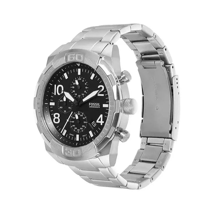 Fossil Bronson Chronograph Black Dial Silver Steel Strap Watch for Men - FS5710