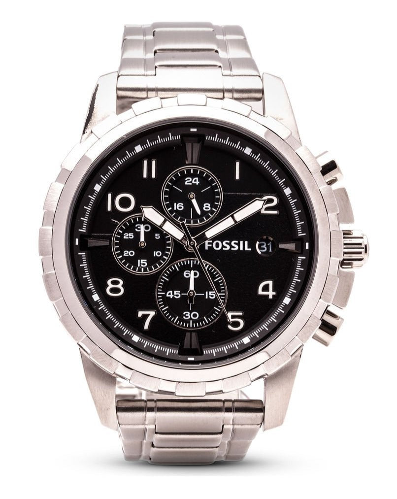 Fossil Dean Chronograph Black Dial Silver Steel Strap Watch for Men - FS4542