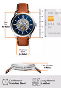 Fossil Townsman Automatic Skeleton Blue Dial Brown Leather Strap Watch for Men - ME3154