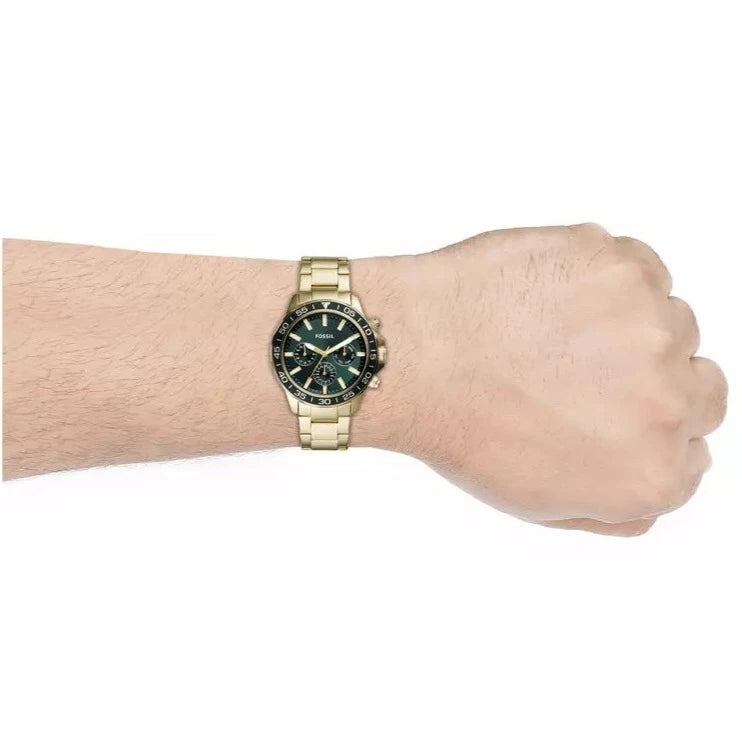 Fossil Bannon Multifunction Chronograph Green Dial Gold Steel Strap Watch for Men - BQ2493