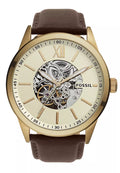 Fossil Flynn Mechanical Skeleton Beige Dial Brown Leather Strap Watch for Men - BQ2215