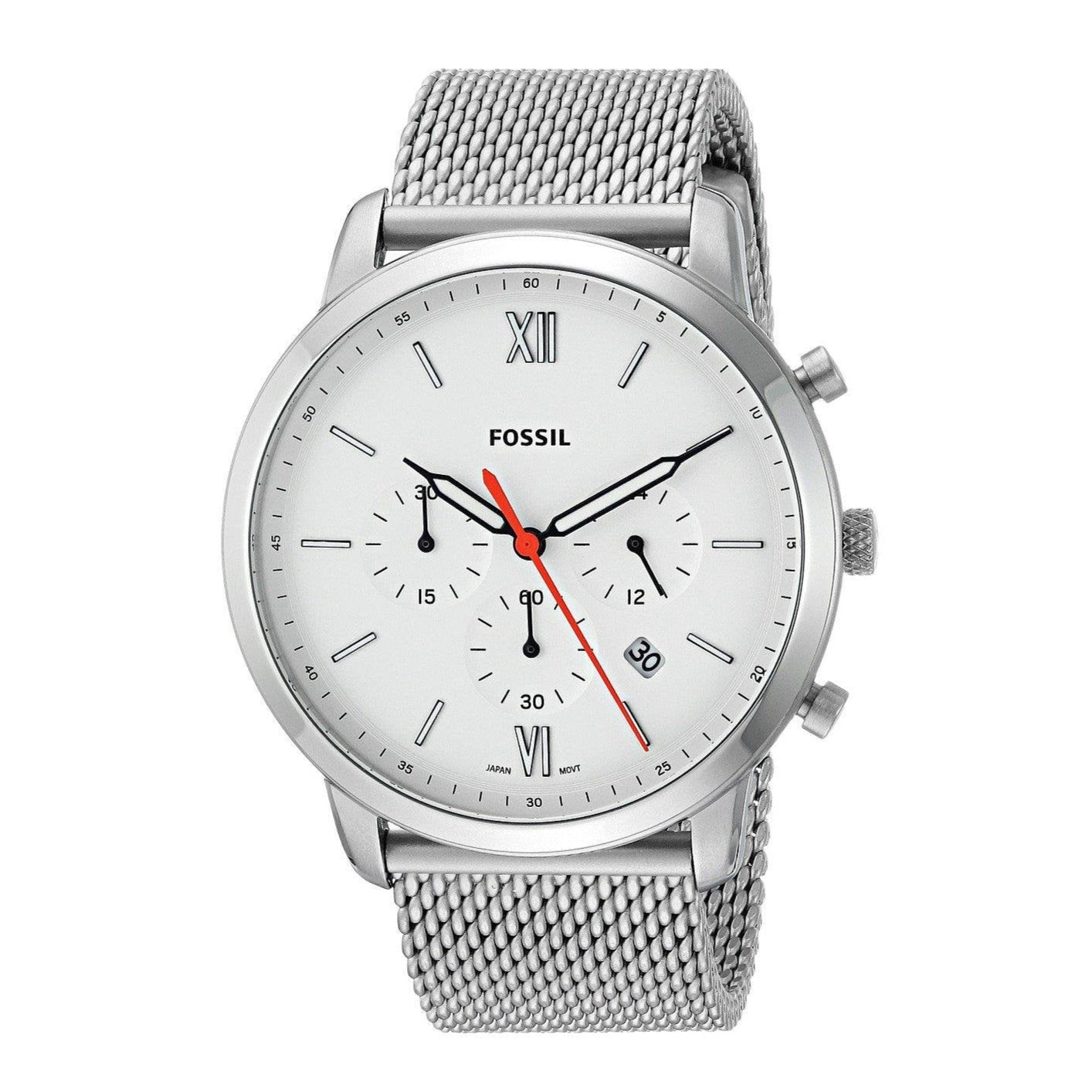 Fossil Neutra Chronograph White Dial Silver Mesh Bracelet Watch for Men - FS5382