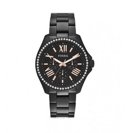 Fossil Cecile Multi Function Crystals Black Dial Black Steel Strap Watch for Women - AM4522