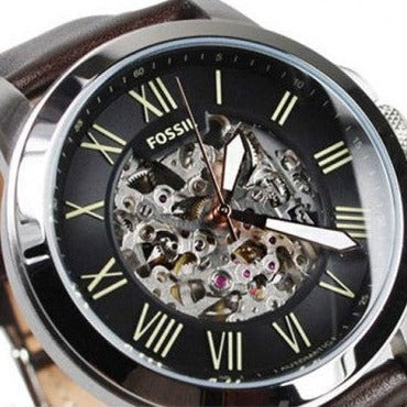 Fossil Grant Automatic Skeleton Black Dial Brown Leather Strap Watch for Men - ME3100